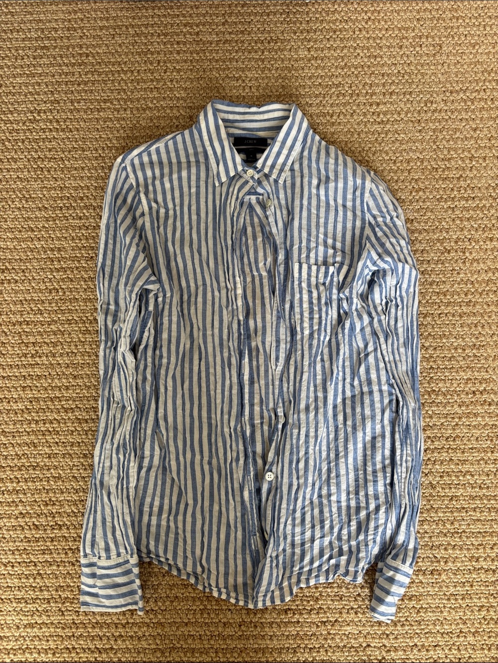 J. Crew Blue and White Striped Linen-Blend Button-Down Shirt